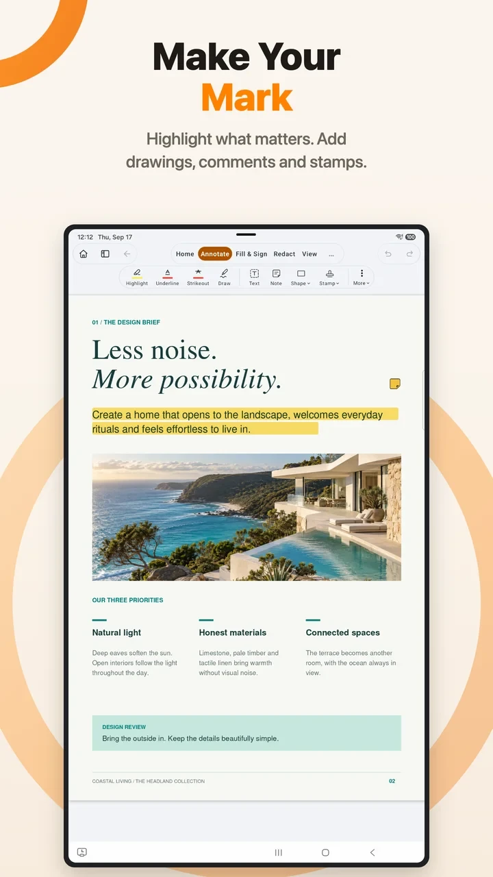 PDF Max on Android with an annotated design brief and native editing tools