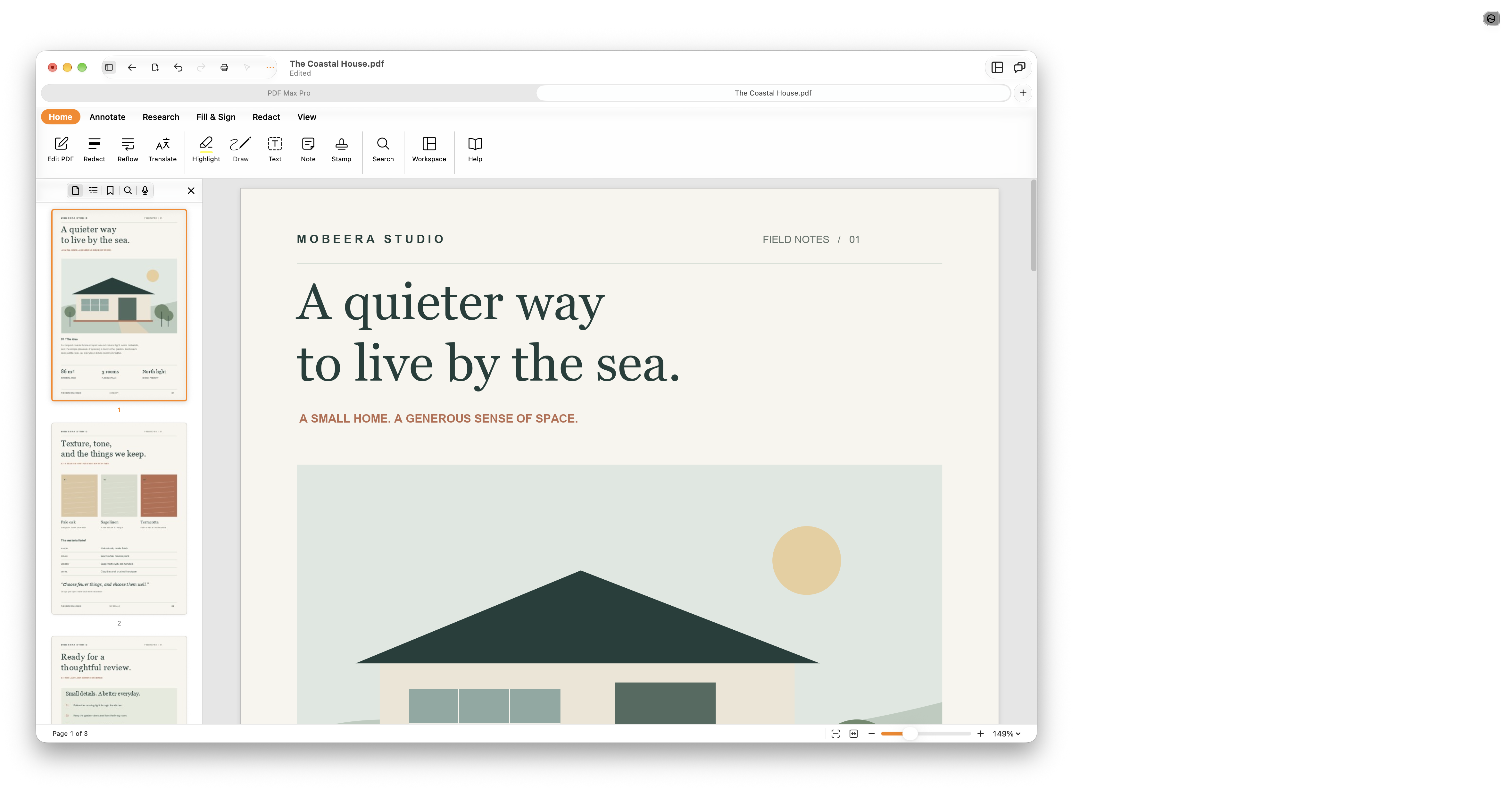 PDF Max on Mac displaying The Coastal House PDF, with page thumbnails and its editing and annotation toolbar