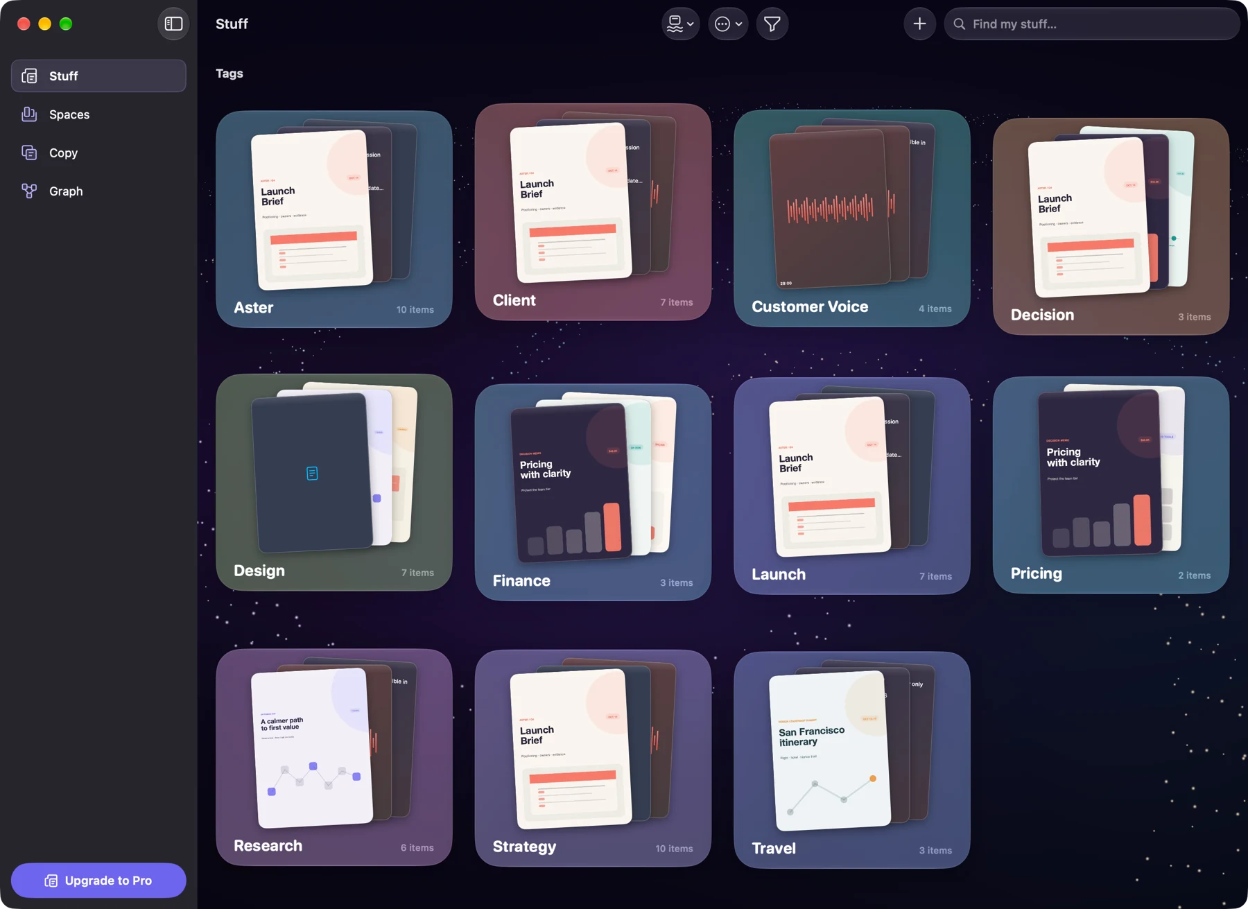 Stuff on Mac showing its Pool view with visual stacks of documents and voice recordings
