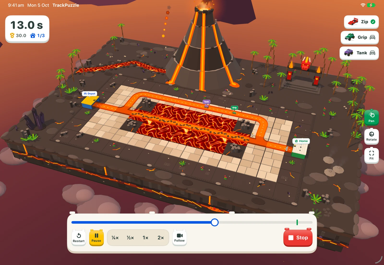 Track Puzzle’s Volcano world during a run, with glowing lava, dark rock, and an elevated route